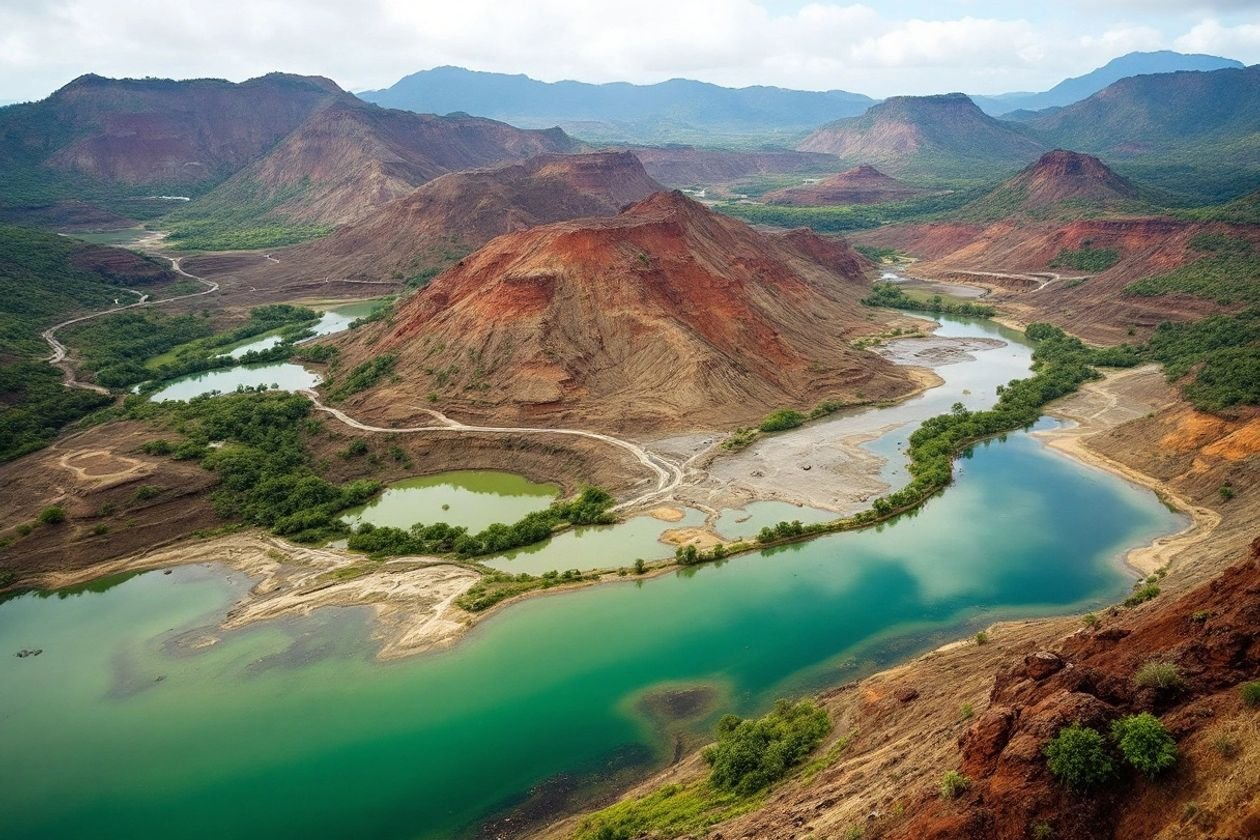 Área devastada em Mariana após desastre ambiental.