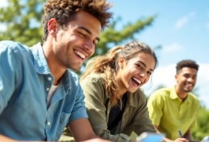 Grupo de jovens se divertindo em atividade ao ar livre.