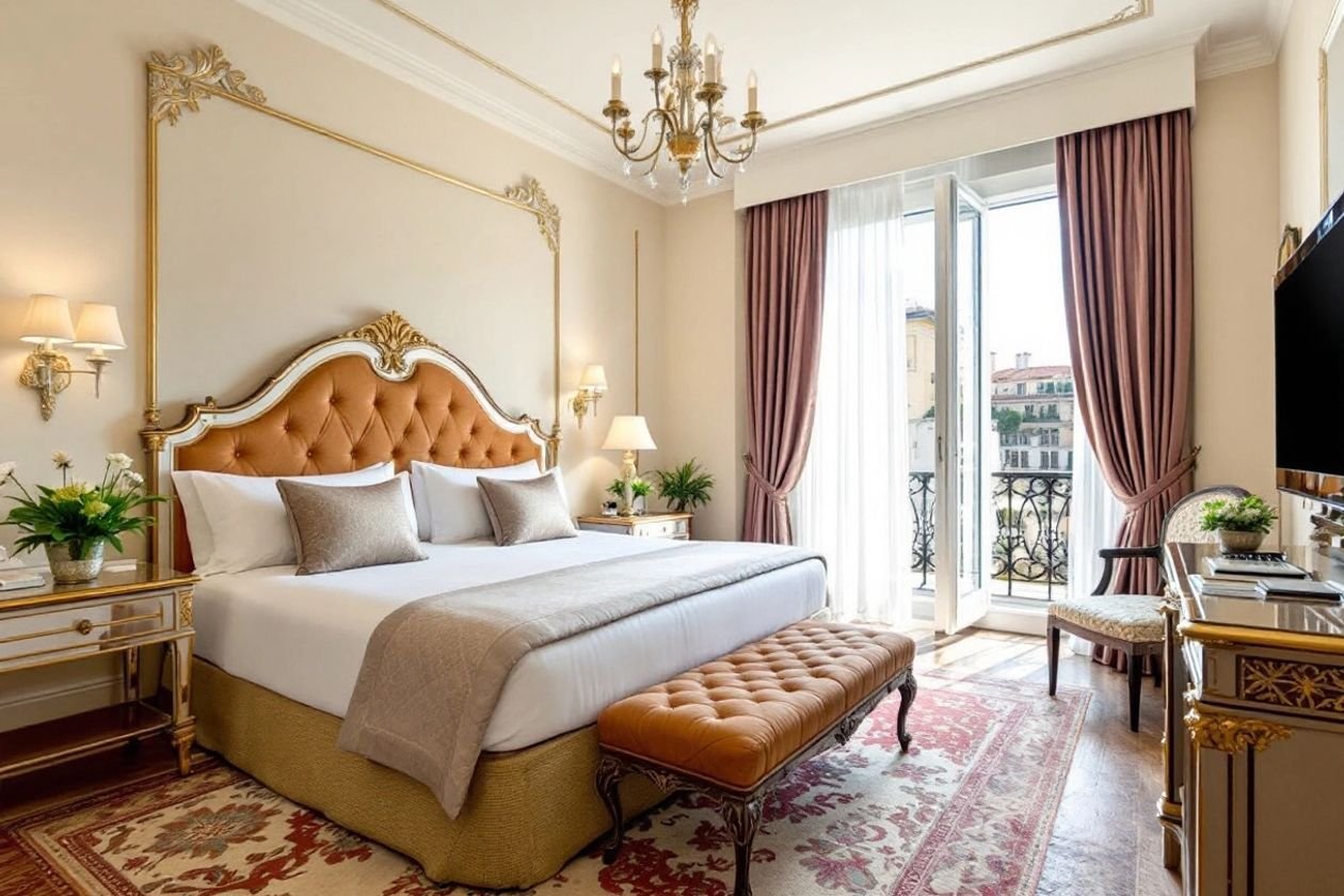 Quarto de hotel luxuoso em Roma com decoração elegante.