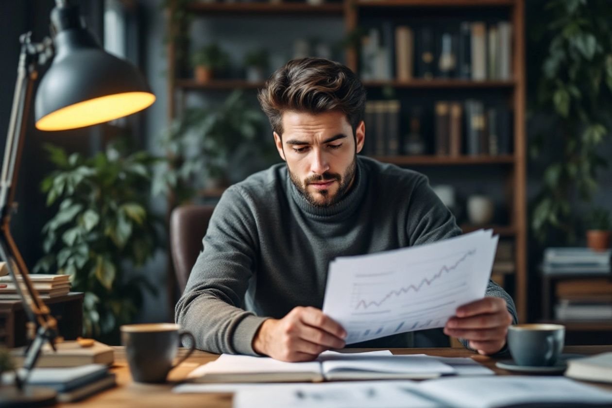 Investidor analisando documentos financeiros em um escritório.