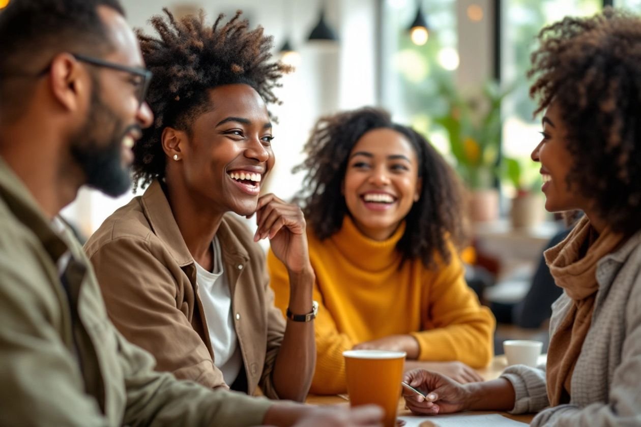 Grupo diverso de pessoas sorrindo e conversando