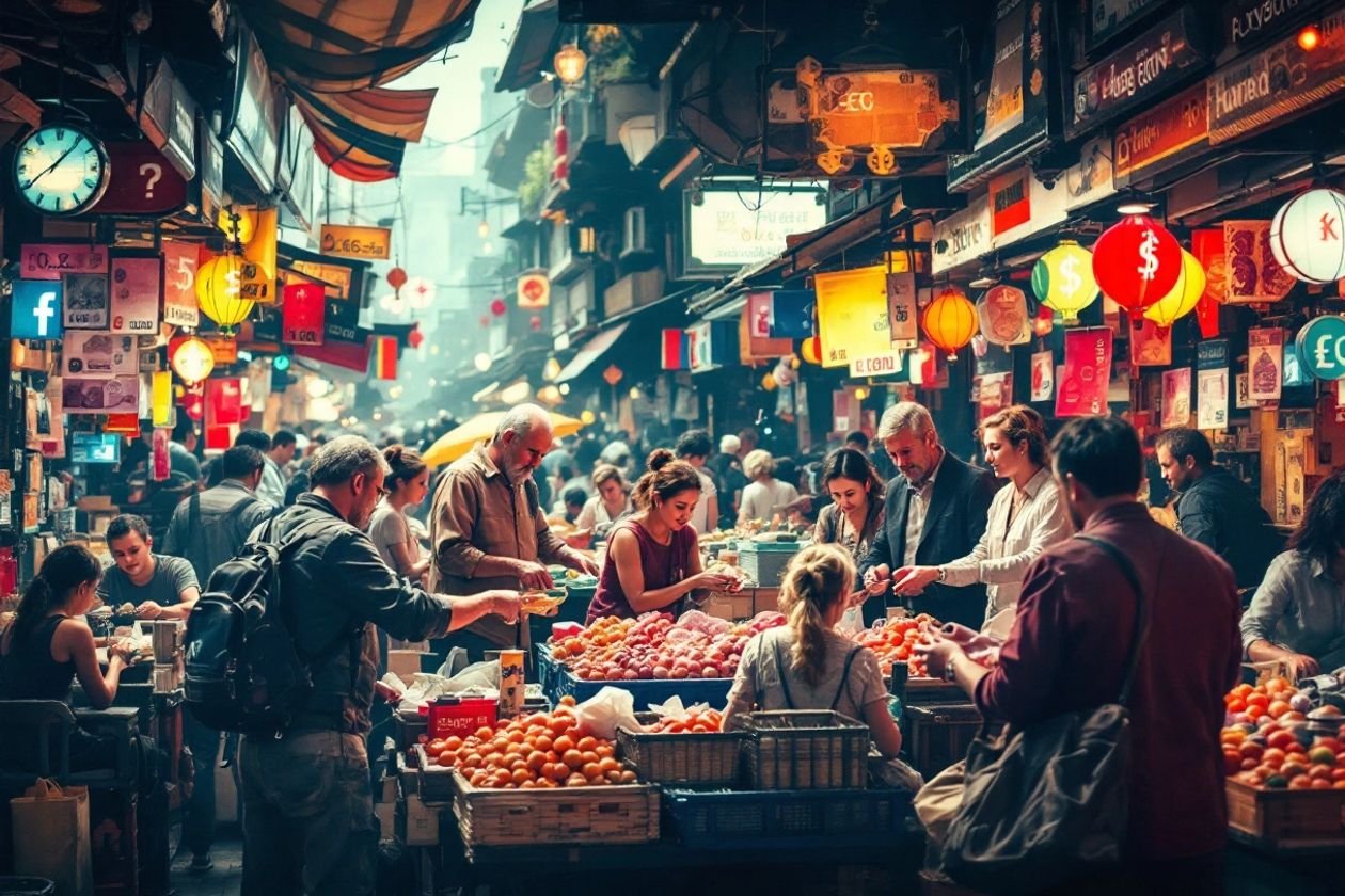 Mercado movimentado com diferentes moedas e interações humanas.