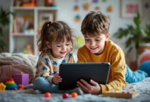 Criança e adolescente usando um tablet em casa.