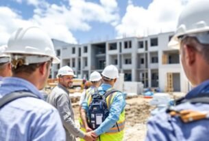 Grupo de pessoas vistoriando a obra do hospital.