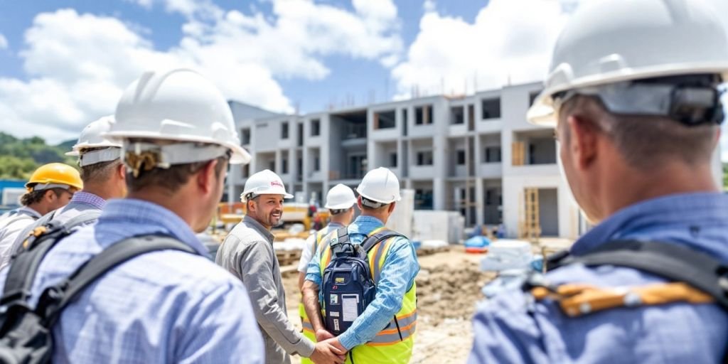 Grupo de pessoas vistoriando a obra do hospital.