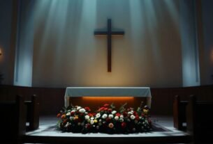 Igreja com altar decorado para velório.