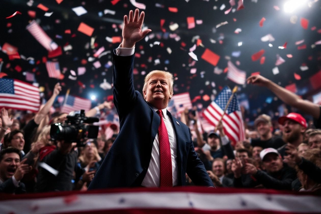 Donald Trump celebrando sua vitória com apoiadores e bandeiras.