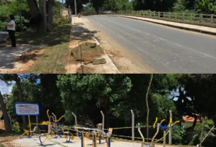 Ponte nova sobre o rio com praça de lazer.