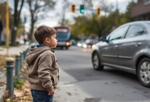 Criança preocupada próxima a uma rua movimentada.