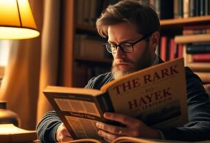 Pessoa lendo Hayek com livros ao redor, luz suave.