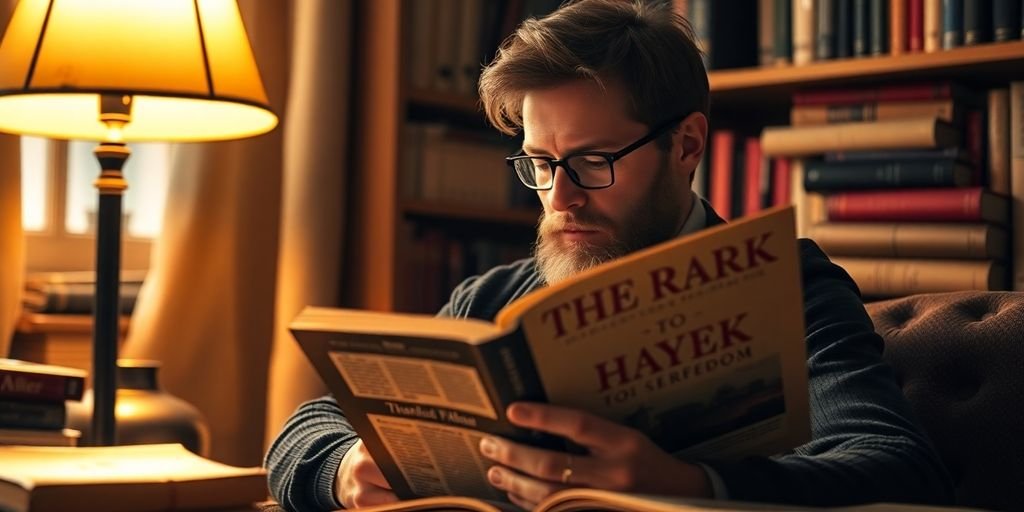 Pessoa lendo Hayek com livros ao redor, luz suave.