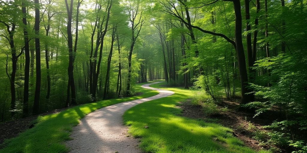 Caminho sereno por floresta iluminada pelo sol.