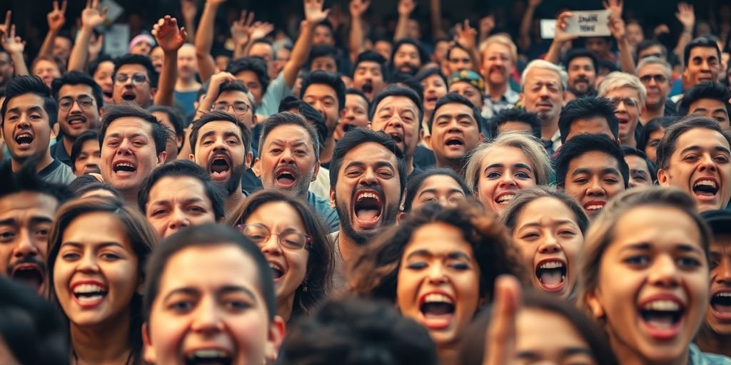 Multidão diversificada expressando emoções intensas à sociedade.