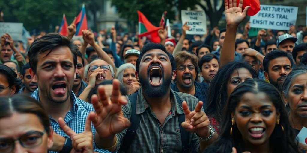 Multidão intensa em um protesto político.